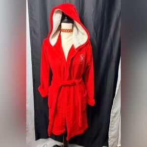 Women’s Victoria's Secret red white plush logo hoodie robe size Small Soft Cozy